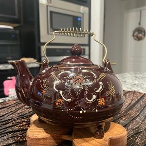 Red Ware Teapot-Vintage-Hand Painted-Brown/Glazed-Wire Handle-Moriage-Japan 16oz